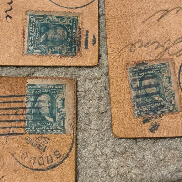 3 Leather Vintage Postcards- Benjamin Franklin Green Error Cut Stamps (used) ￼ - Picture 11 of 12